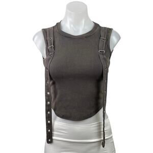 Barcode Gray Knitted Belted Shoulder Sleeveless Crew Neck Crop Tank Top Size S